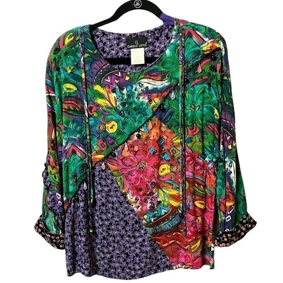 Vintage unique CAROL Little asymmetric multi print ruffle and beaded top. Size 4 - Picture 1 of 14